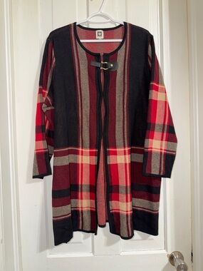Anne Klein Plaid cardigan long sweater equestrian black red jacket size 2X